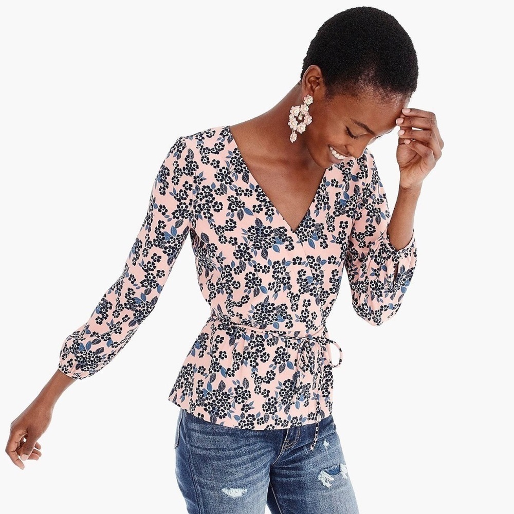 NEW J. Crew Blush Bouquet Drapey Crepe Wrap Blouse